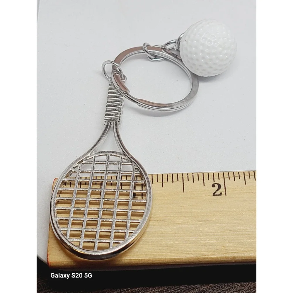 Handmade‎ White Ball Tennis Racket Keychain Silver Tone Women Sport Accessory